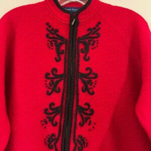 VTG KAREN SCOTT True Red Boiled Wool Zip Cardigan XL  Sweater Black Accents